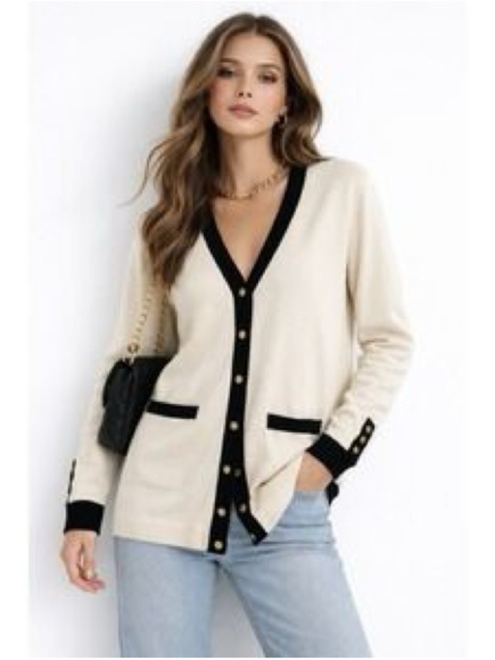 ZARA Contrast Knit Cardigan Sweater in Cream & Black Oversized